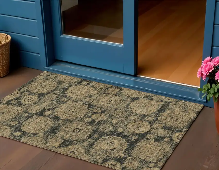 Charcoal Gold And Tan Floral Washable Indoor Outdoor Area Rug Photo 1