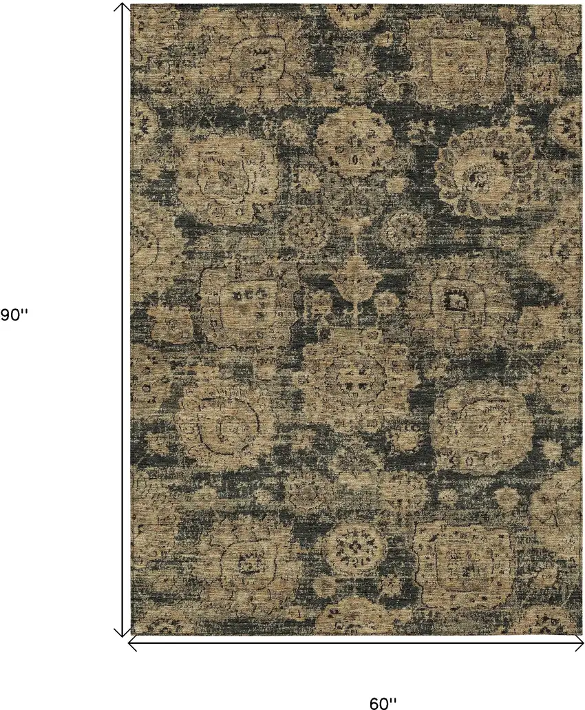 Charcoal Gold And Tan Floral Washable Indoor Outdoor Area Rug Photo 9