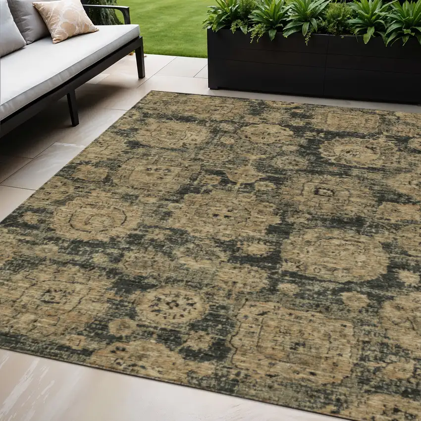 Charcoal Gold And Tan Floral Washable Indoor Outdoor Area Rug Photo 1