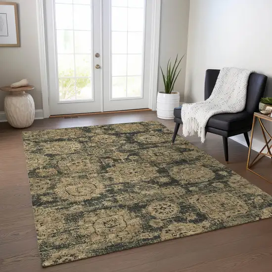 Charcoal Gold And Tan Floral Washable Indoor Outdoor Area Rug Photo 6