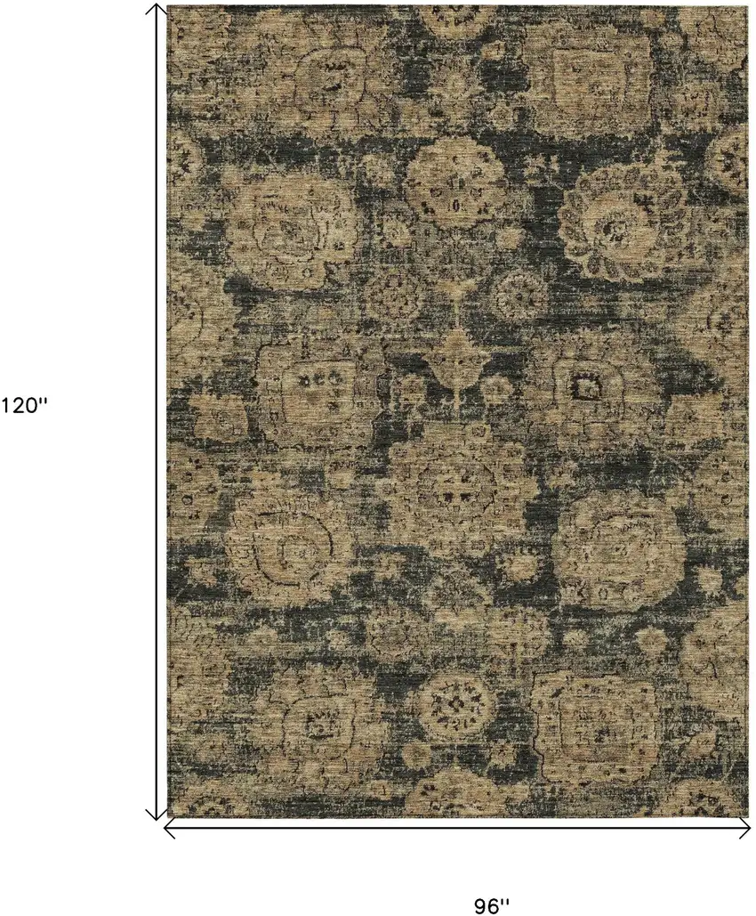 Charcoal Gold And Tan Floral Washable Indoor Outdoor Area Rug Photo 3