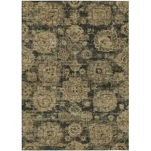 Photo of Charcoal Gold And Tan Floral Washable Indoor Outdoor Area Rug