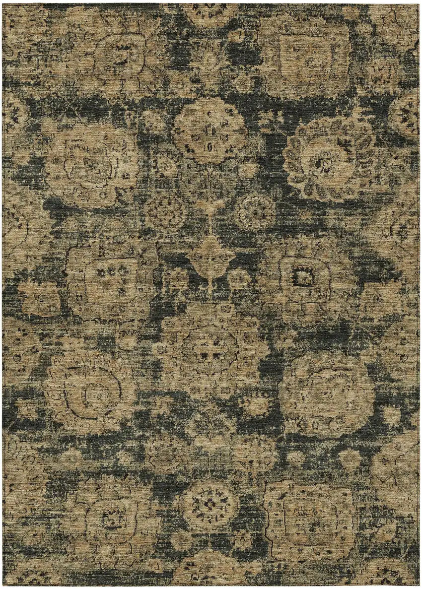 Charcoal Gold And Tan Floral Washable Indoor Outdoor Area Rug Photo 1