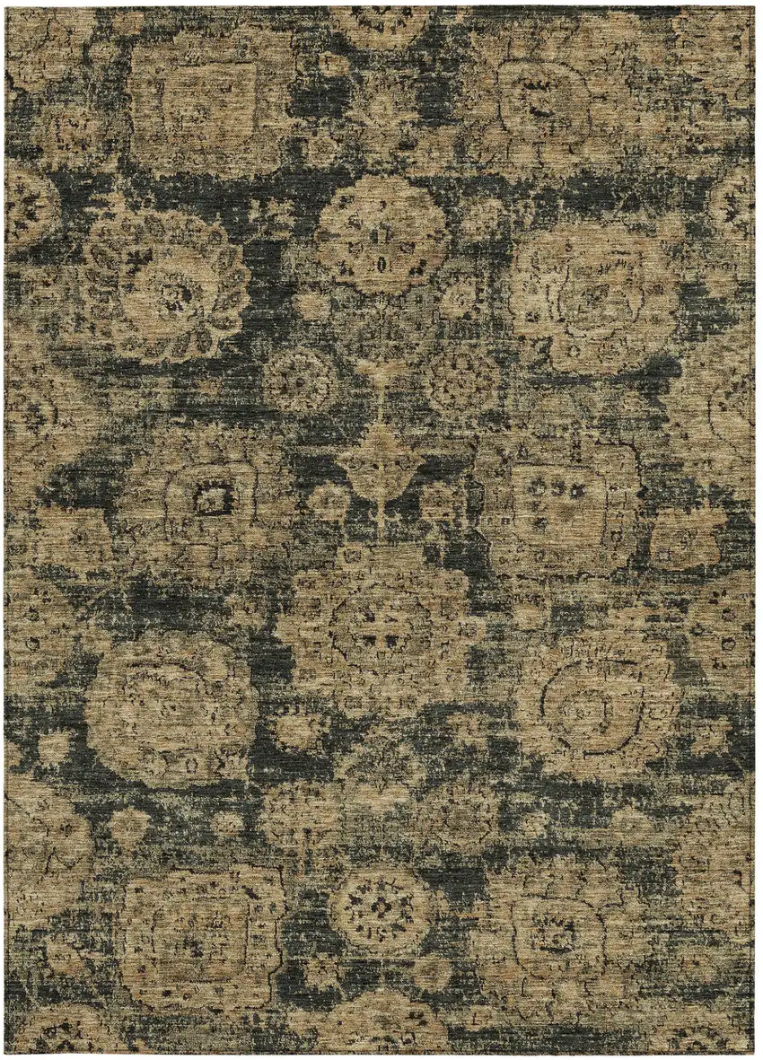 Charcoal Gold And Tan Floral Washable Indoor Outdoor Area Rug Photo 5