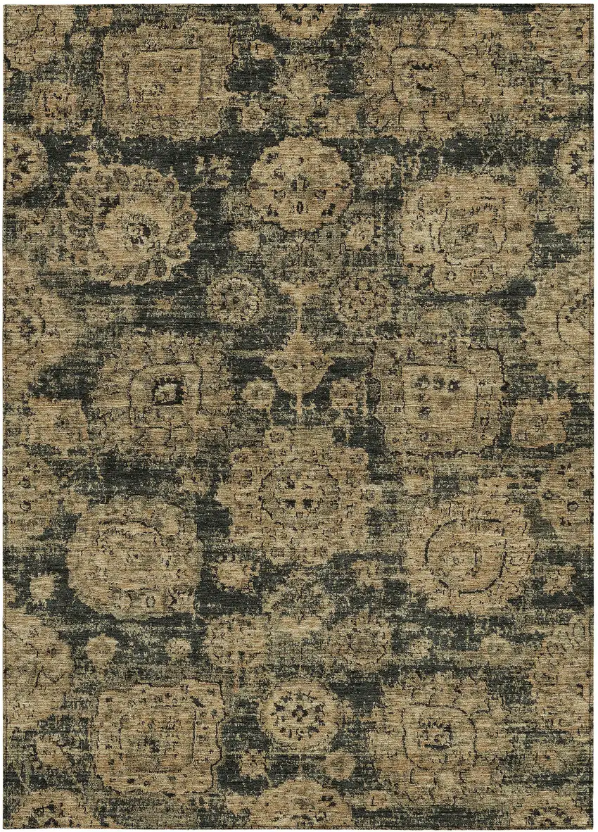 Charcoal Gold And Tan Floral Washable Indoor Outdoor Area Rug Photo 5