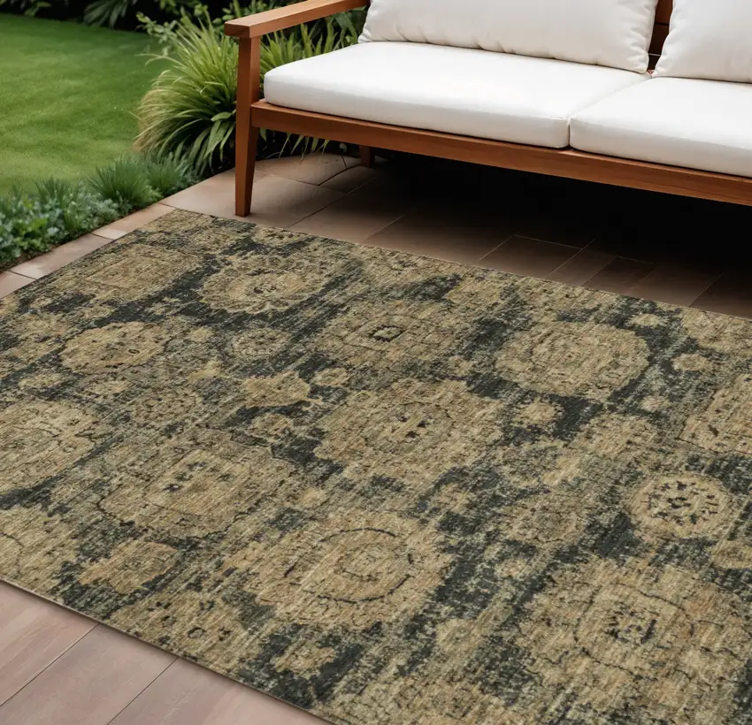 Charcoal Gold And Tan Floral Washable Indoor Outdoor Area Rug Photo 1