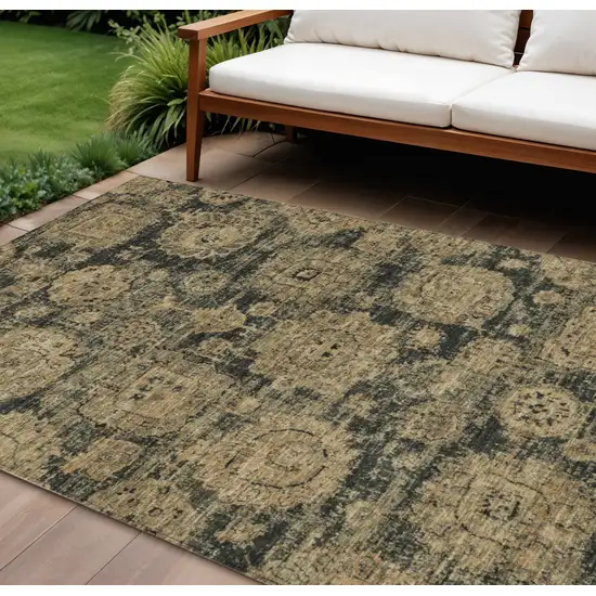Charcoal Gold And Tan Floral Washable Indoor Outdoor Area Rug Photo 1