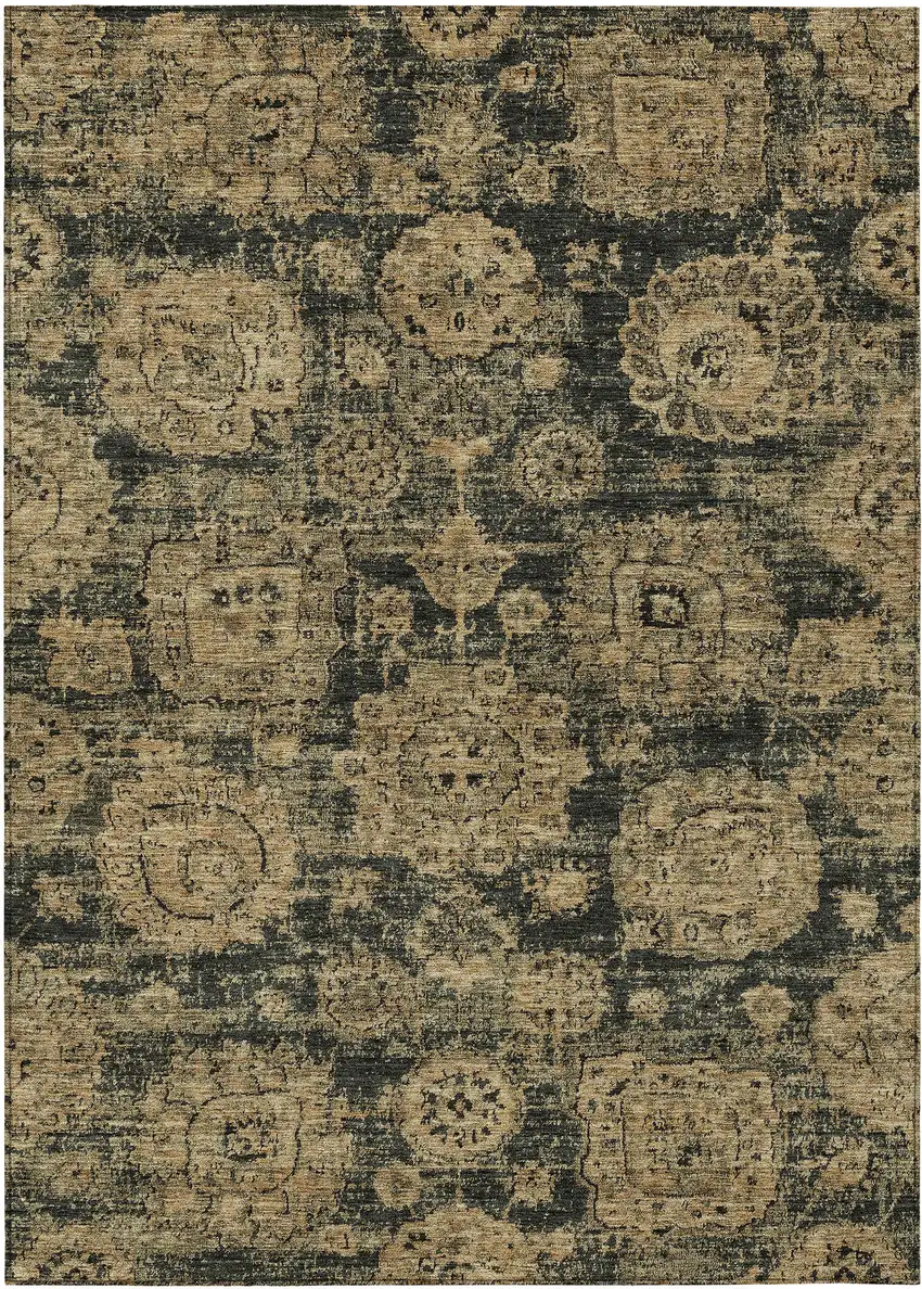 Charcoal Gold And Tan Floral Washable Indoor Outdoor Area Rug Photo 1