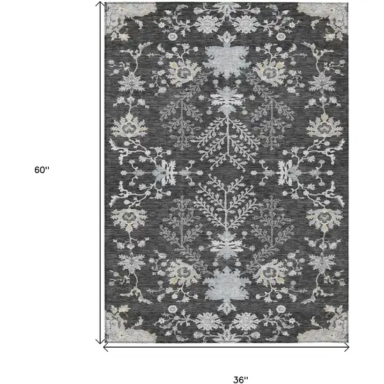 Charcoal Gray And Beige Floral Washable Indoor Outdoor Area Rug Photo 7