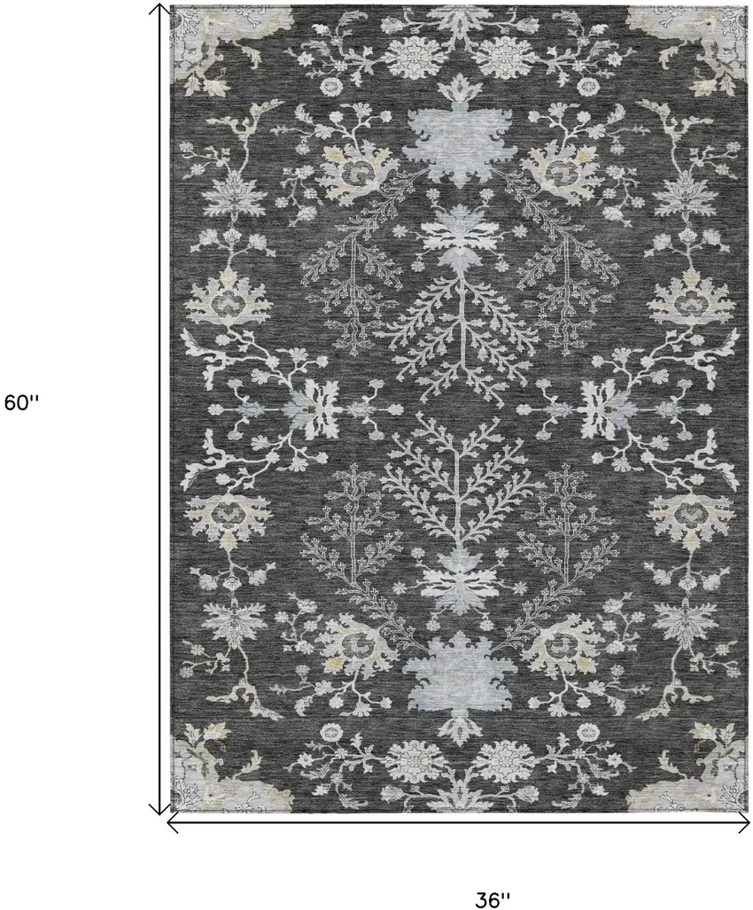 Charcoal Gray And Beige Floral Washable Indoor Outdoor Area Rug Photo 7