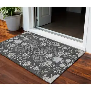 Photo of Charcoal Gray And Beige Floral Washable Indoor Outdoor Area Rug