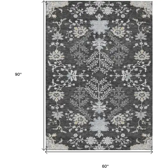 Charcoal Gray And Beige Floral Washable Indoor Outdoor Area Rug Photo 7