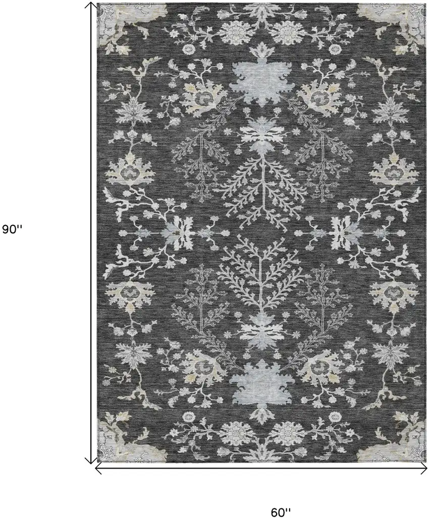 Charcoal Gray And Beige Floral Washable Indoor Outdoor Area Rug Photo 7