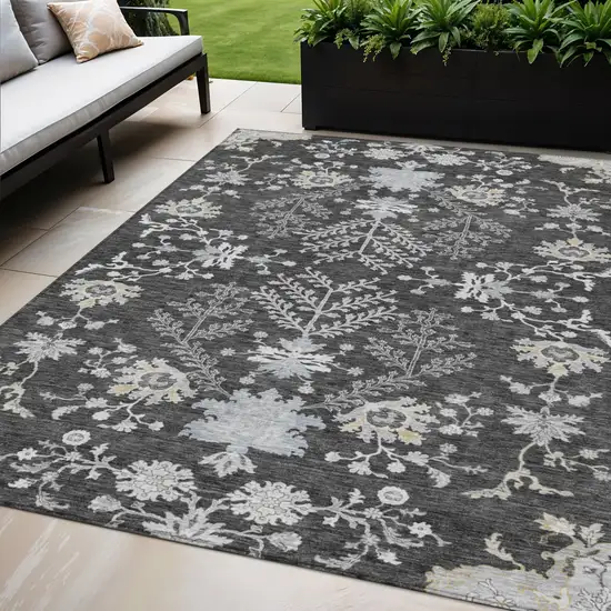 Charcoal Gray And Beige Floral Washable Indoor Outdoor Area Rug Photo 1