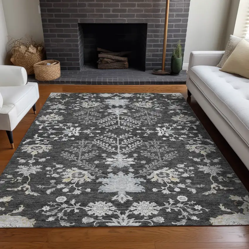 Charcoal Gray And Beige Floral Washable Indoor Outdoor Area Rug Photo 9