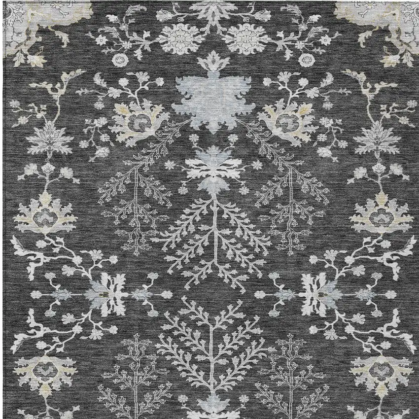 Charcoal Gray And Beige Floral Washable Indoor Outdoor Area Rug Photo 6