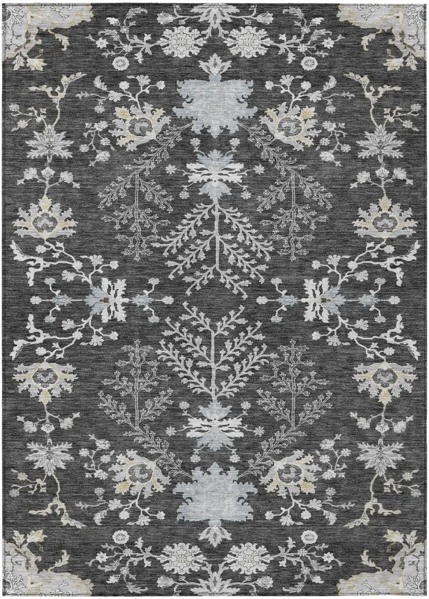 Charcoal Gray And Beige Floral Washable Indoor Outdoor Area Rug Photo 2