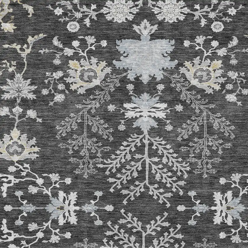 Charcoal Gray And Beige Floral Washable Indoor Outdoor Area Rug Photo 5