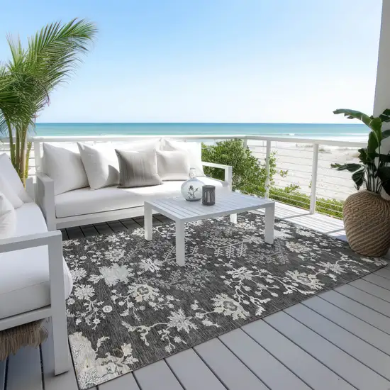 Charcoal Gray And Beige Floral Washable Indoor Outdoor Area Rug Photo 7