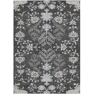 Photo of Charcoal Gray And Beige Floral Washable Indoor Outdoor Area Rug