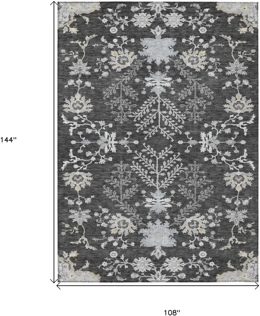Charcoal Gray And Beige Floral Washable Indoor Outdoor Area Rug Photo 7