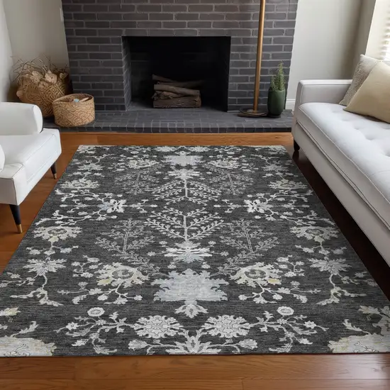 Charcoal Gray And Beige Floral Washable Indoor Outdoor Area Rug Photo 9