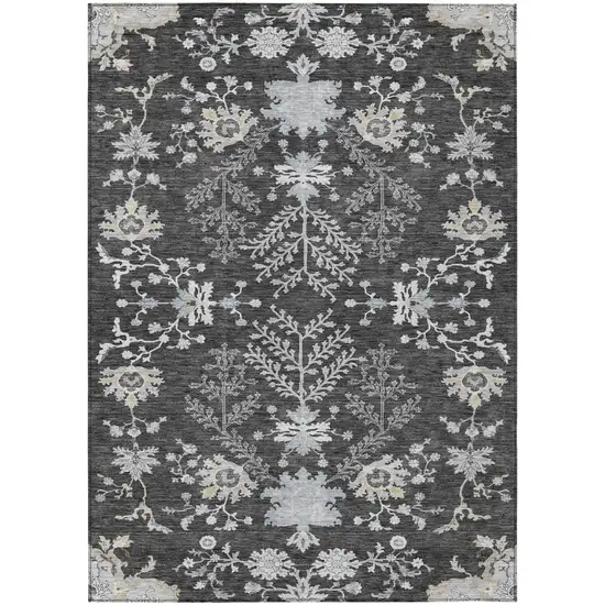 Charcoal Gray And Beige Floral Washable Indoor Outdoor Area Rug Photo 2