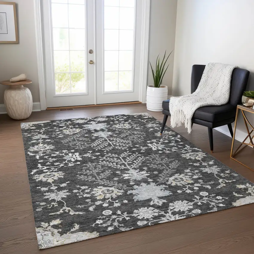 Charcoal Gray And Beige Floral Washable Indoor Outdoor Area Rug Photo 8
