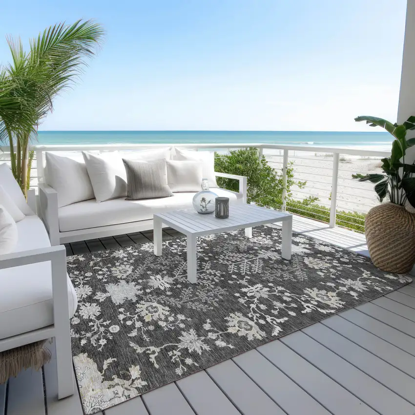Charcoal Gray And Beige Floral Washable Indoor Outdoor Area Rug Photo 7