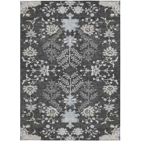 Charcoal Gray And Beige Floral Washable Indoor Outdoor Area Rug Photo 6