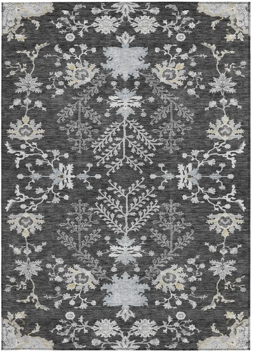 Charcoal Gray And Beige Floral Washable Indoor Outdoor Area Rug Photo 6