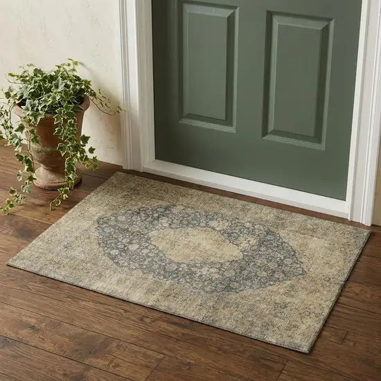 Charcoal Gray And Beige Medallion Washable Area Rug With UV Protection Photo 1