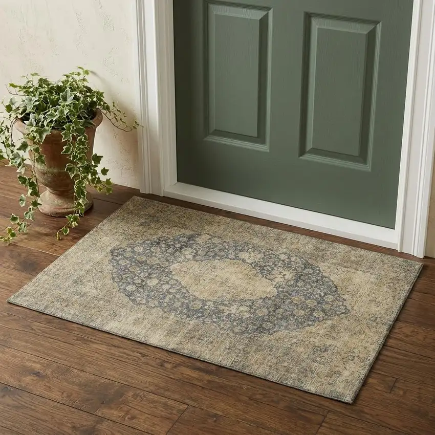 Charcoal Gray And Beige Medallion Washable Area Rug With UV Protection Photo 1