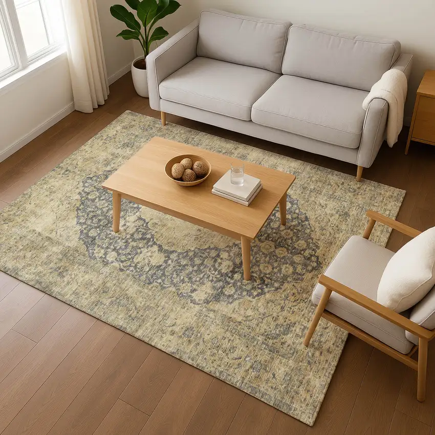 Charcoal Gray And Beige Medallion Washable Area Rug With UV Protection Photo 4