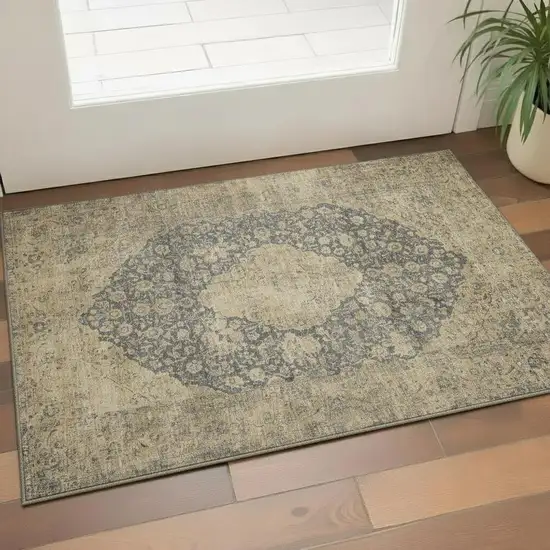 Charcoal Gray And Beige Medallion Washable Area Rug With UV Protection Photo 1