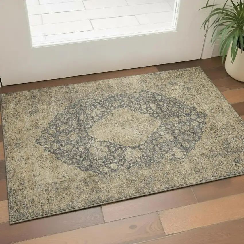 Charcoal Gray And Beige Medallion Washable Area Rug With UV Protection Photo 1
