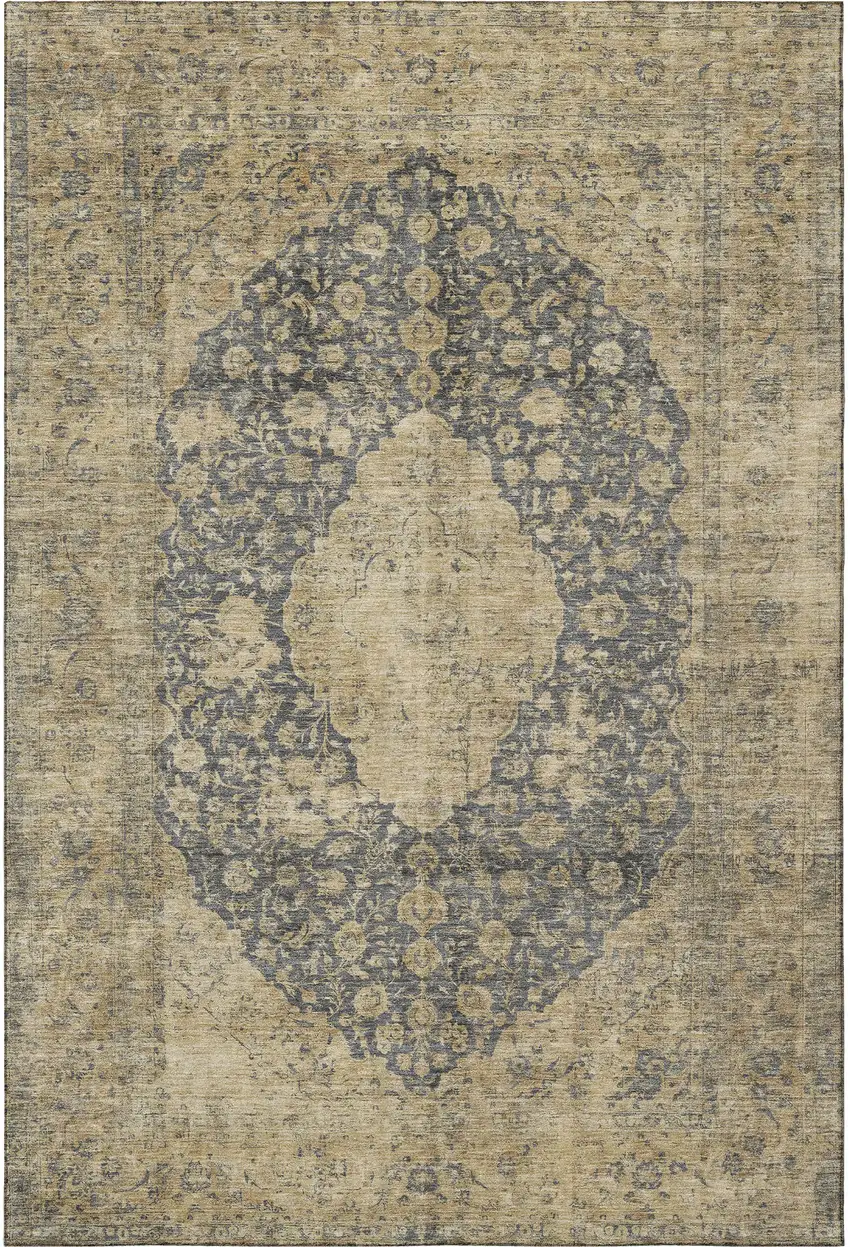 Charcoal Gray And Beige Medallion Washable Area Rug With UV Protection Photo 2