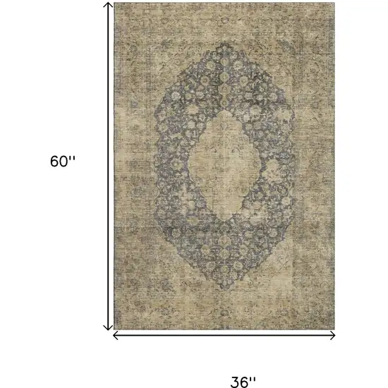 Charcoal Gray And Beige Medallion Washable Area Rug With UV Protection Photo 9