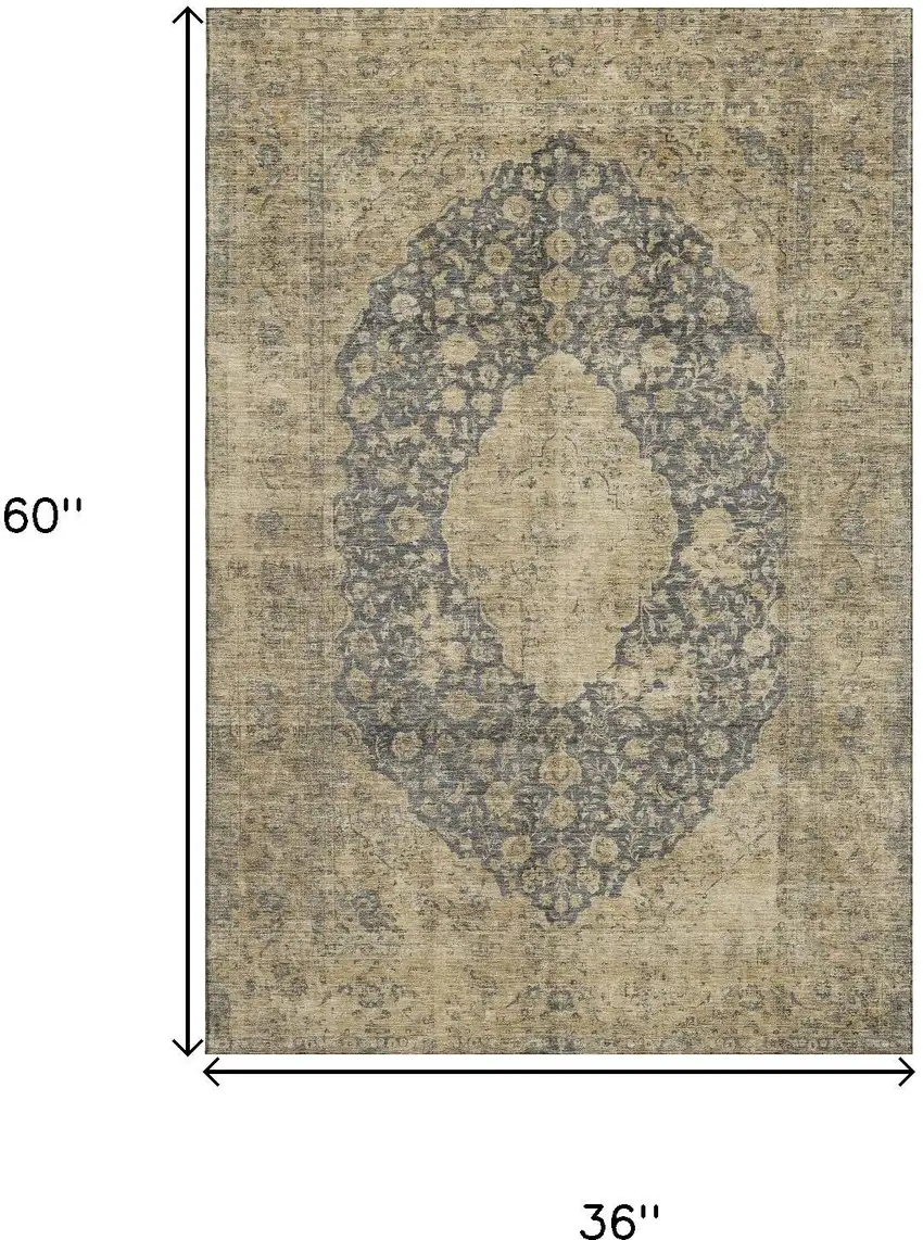 Charcoal Gray And Beige Medallion Washable Area Rug With UV Protection Photo 9