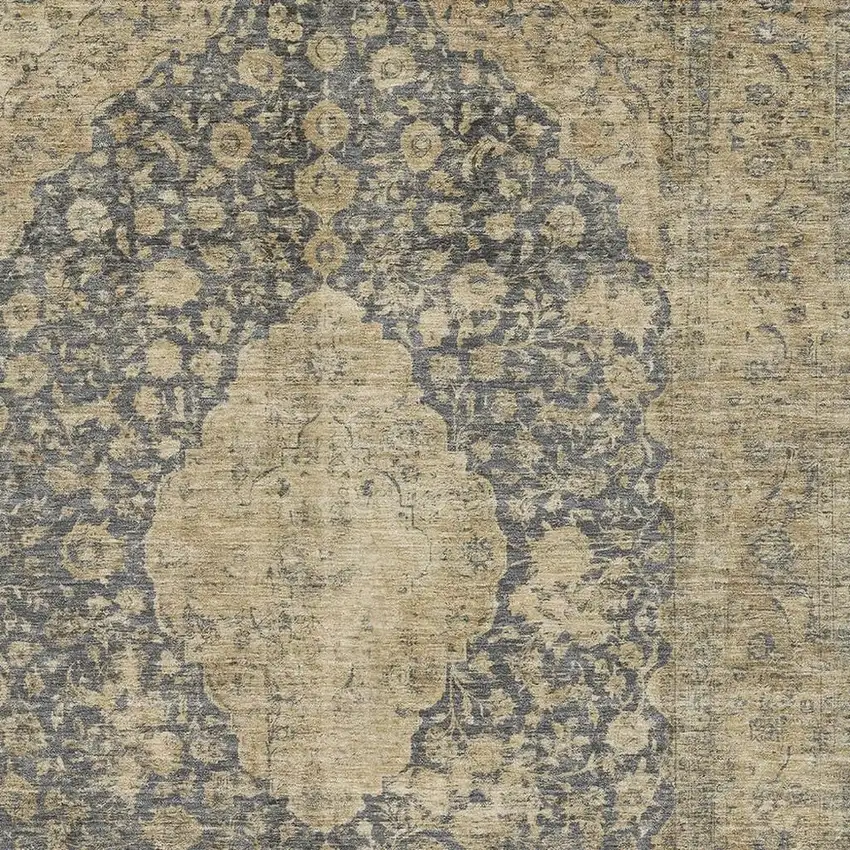 Charcoal Gray And Beige Medallion Washable Area Rug With UV Protection Photo 2
