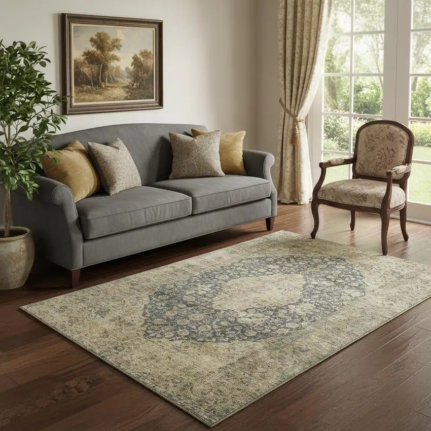 Charcoal Gray And Beige Medallion Washable Area Rug With UV Protection Photo 2