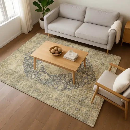 Charcoal Gray And Beige Medallion Washable Area Rug With UV Protection Photo 5