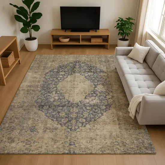 Charcoal Gray And Beige Medallion Washable Area Rug With UV Protection Photo 4