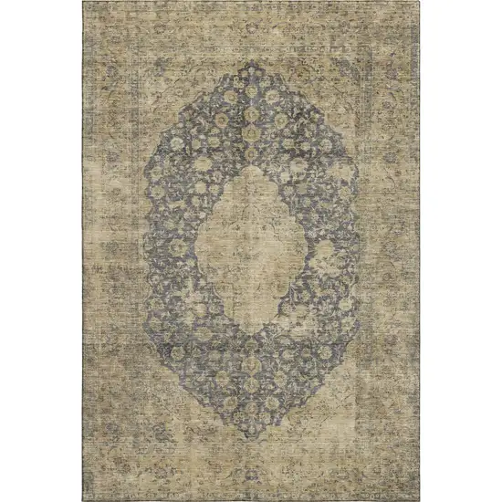 Charcoal Gray And Beige Medallion Washable Area Rug With UV Protection Photo 1