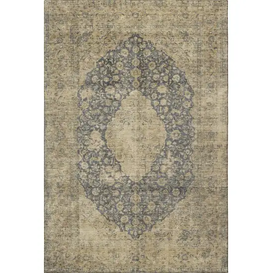 Charcoal Gray And Beige Medallion Washable Area Rug With UV Protection Photo 3