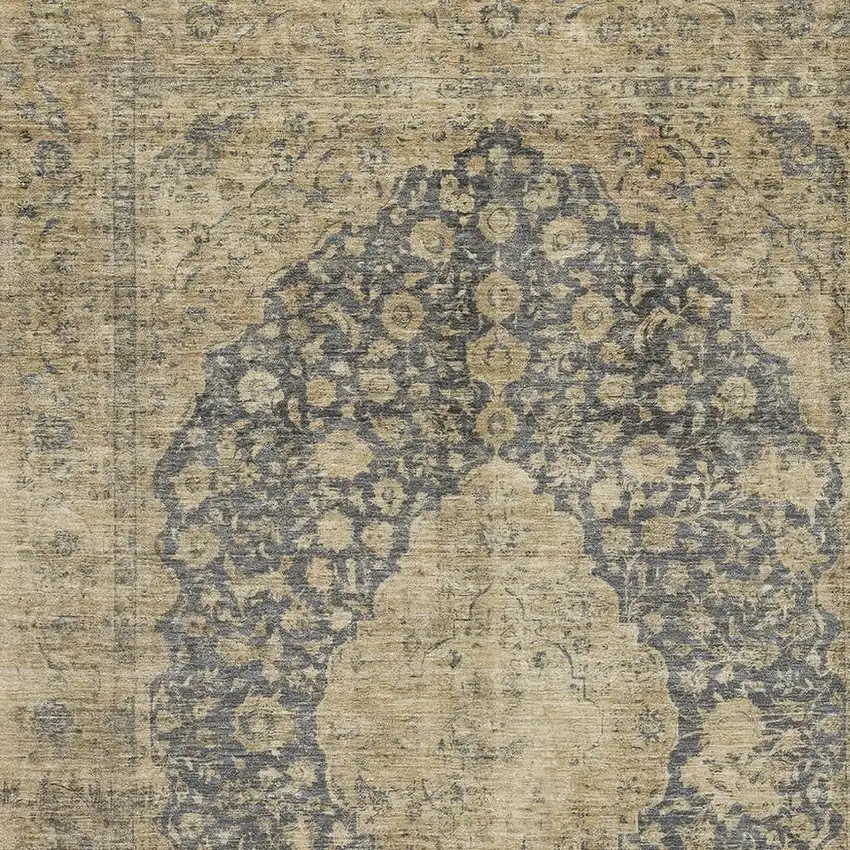 Charcoal Gray And Beige Medallion Washable Area Rug With UV Protection Photo 2