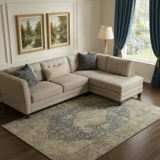 Charcoal Gray And Beige Medallion Washable Area Rug With UV Protection Photo 2