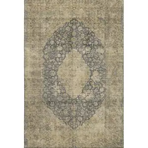 Photo of Charcoal Gray And Beige Medallion Washable Area Rug With UV Protection