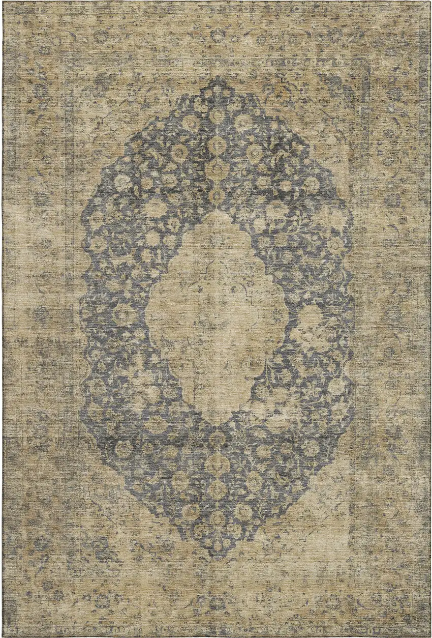 Charcoal Gray And Beige Medallion Washable Area Rug With UV Protection Photo 1