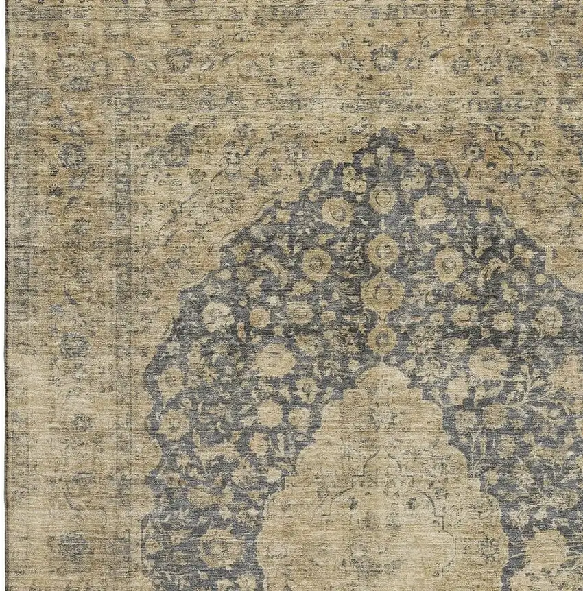 Charcoal Gray And Beige Medallion Washable Area Rug With UV Protection Photo 2